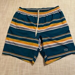 Duluth Trading Co Mens Striped Swim Trunks Teal Orange Compression Liner Large